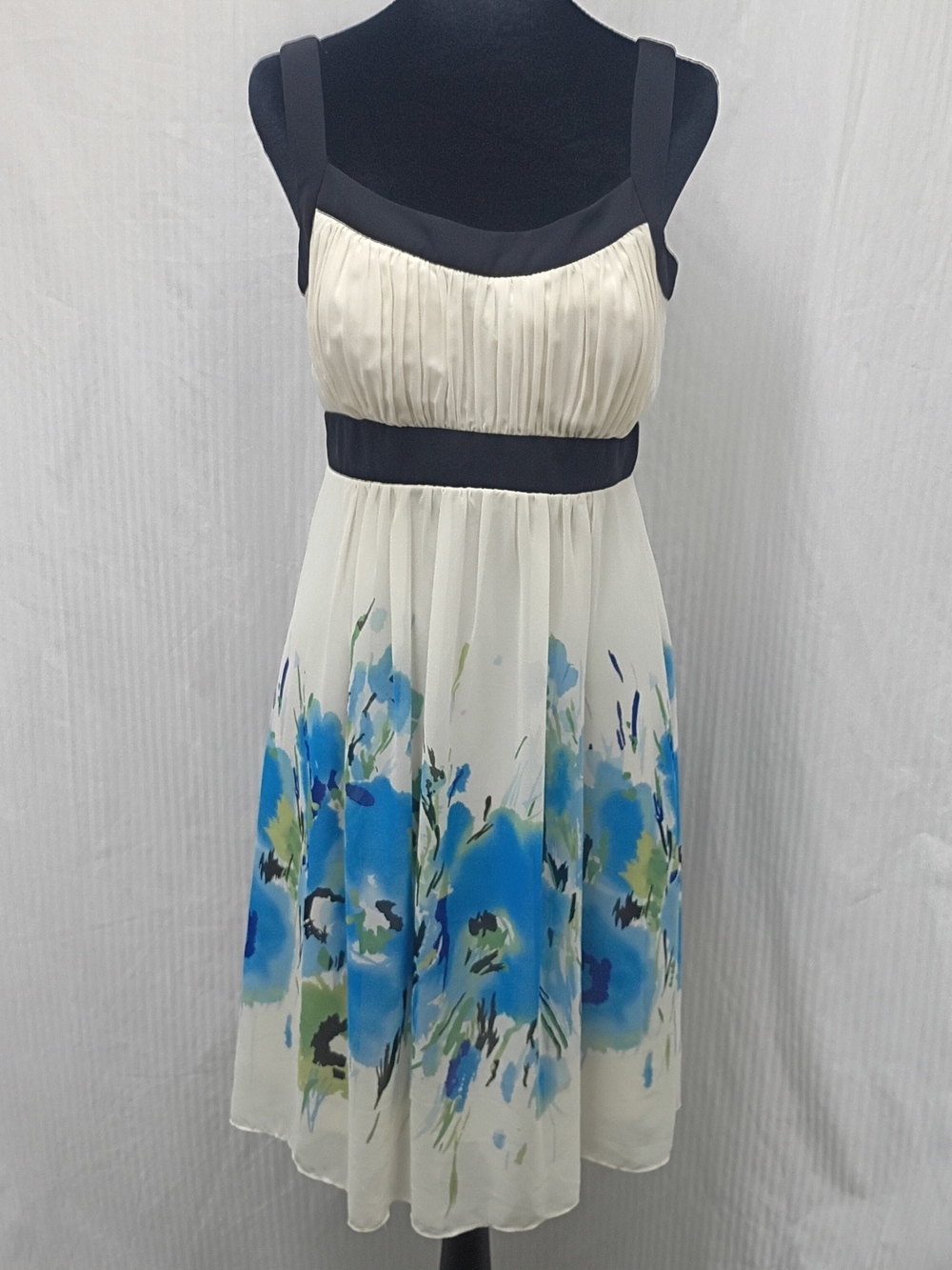 Dressbarn Collection Ivory Midi Dress with Black Trim and Blue Floral Hem 8
